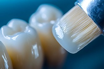 A brush applying a dental sealant to a back tooth